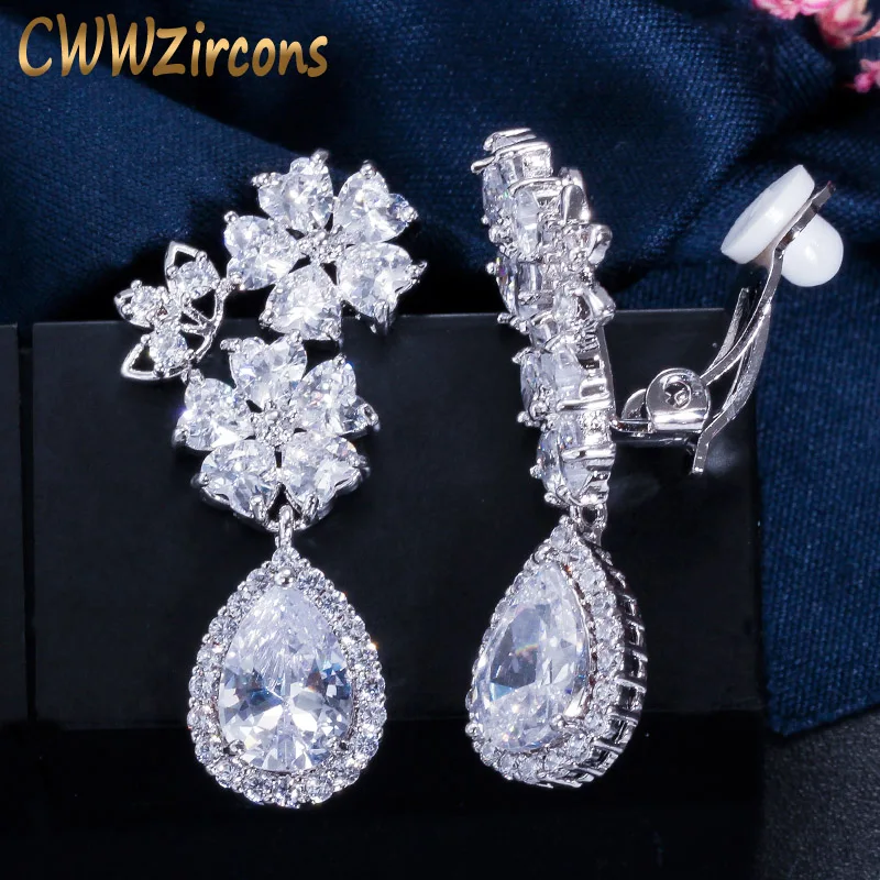 

CWWZircons Elegant Flower Shape Bridal Wedding Jewelry Cubic Zirconia Crystal Clip On Earings for Non Pierced Ear Hole CZ184