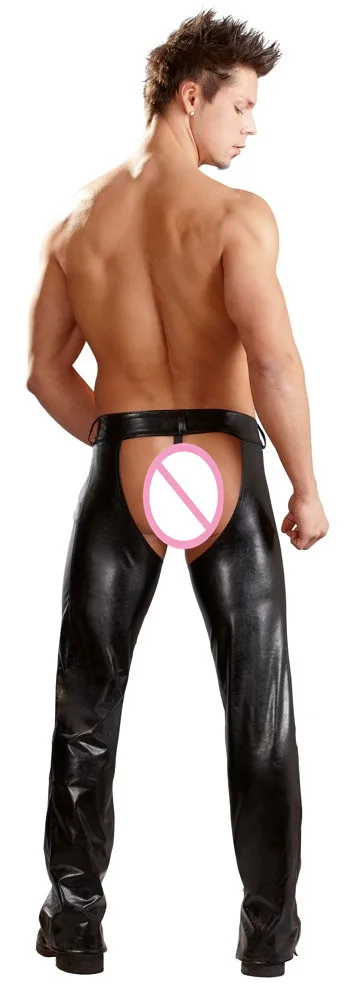 Мужские облегающие брюки из искусственной кожи, мужские сексуальные латексные штаны с открытой промежностью и стринги для геев, эротические сексуальные костюмы