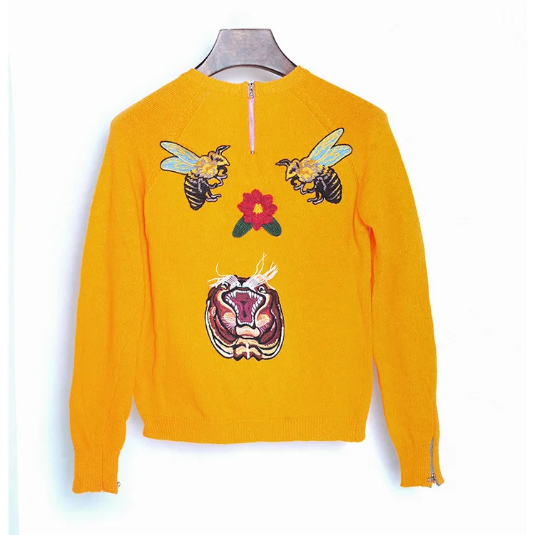 Same Heavy Industry Custom Beads Flower Embroidery Sweater Knitwear Coffee Pu Leather Long Sleeve Set 2019 Women Sweater