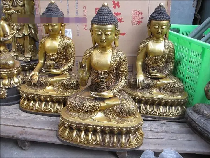

free 22"Tibet Bronze Gild Tota stupa & Alms Bowl & lotus lamp Three Buddha Shakyamuni fast
