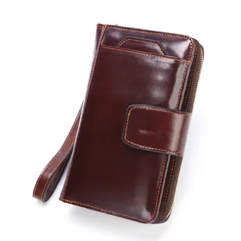 

New Genuine Leather Wallet Mens Handbags Vintage Clutch Bag with Zipper Oil Wax Leather Mobile Phone Bag Male Purse High Quality