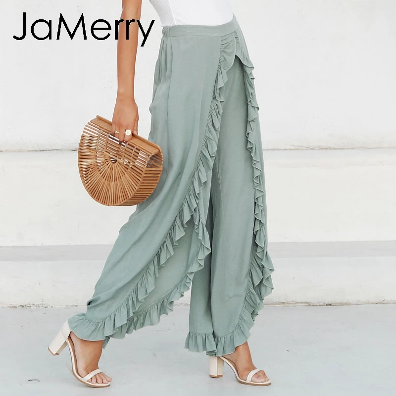 JaMerry 2019 винтажные расклешенные брюки с оборками Женские Асимметричные высокой