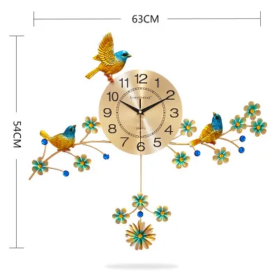 Креативные золотые настенные часы с свисающей подвесной птицей для девочек, детей, спальни, бесшумные настенные часы, подвесные кварцевые часы, настенные искусства - Color: Wallclock 1(63x54cm)