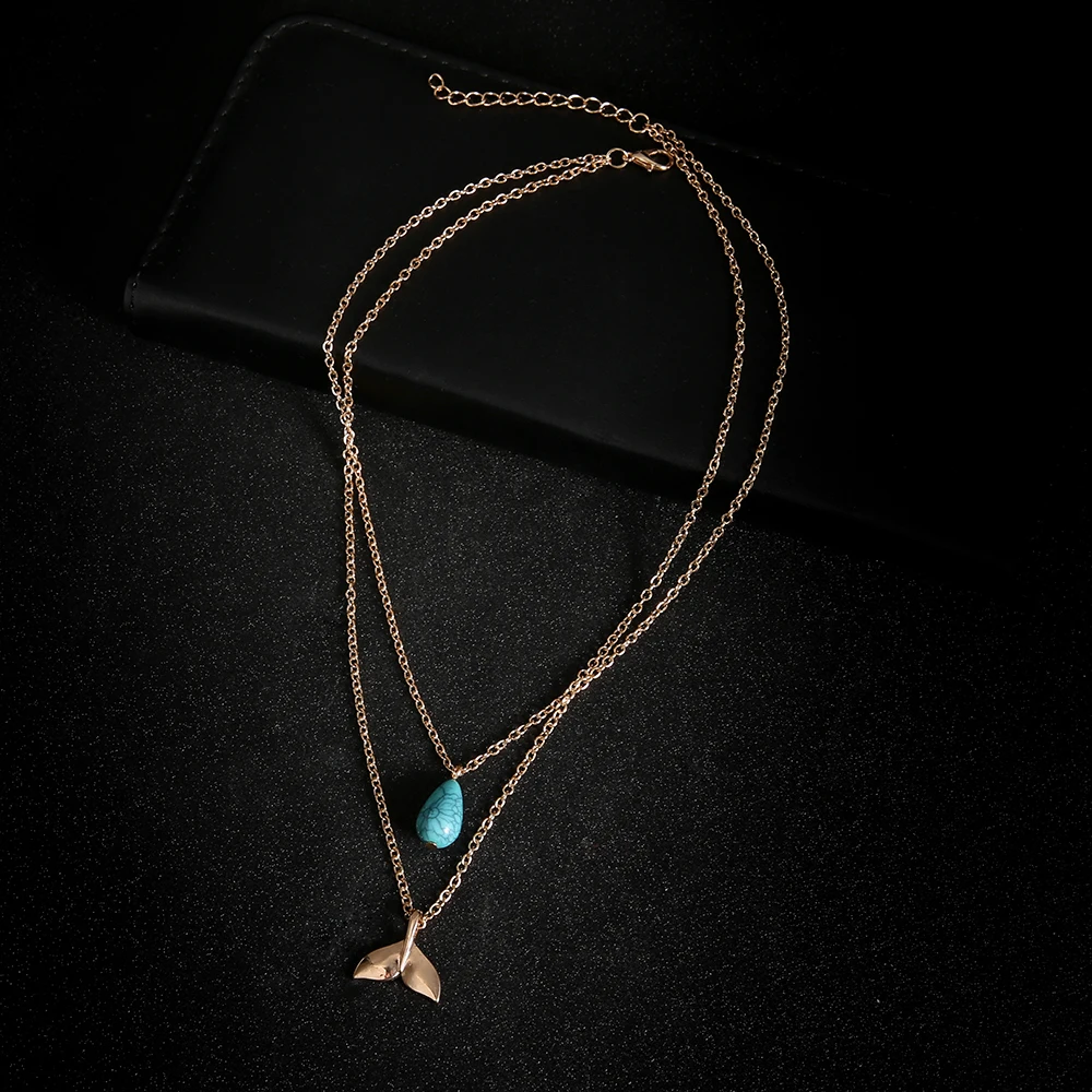 

Mystical Mermaid Pendant Necklace Whale Tail Water Droplets Stone Charm Choker Necklaces Collar for Women Boho Jewelry