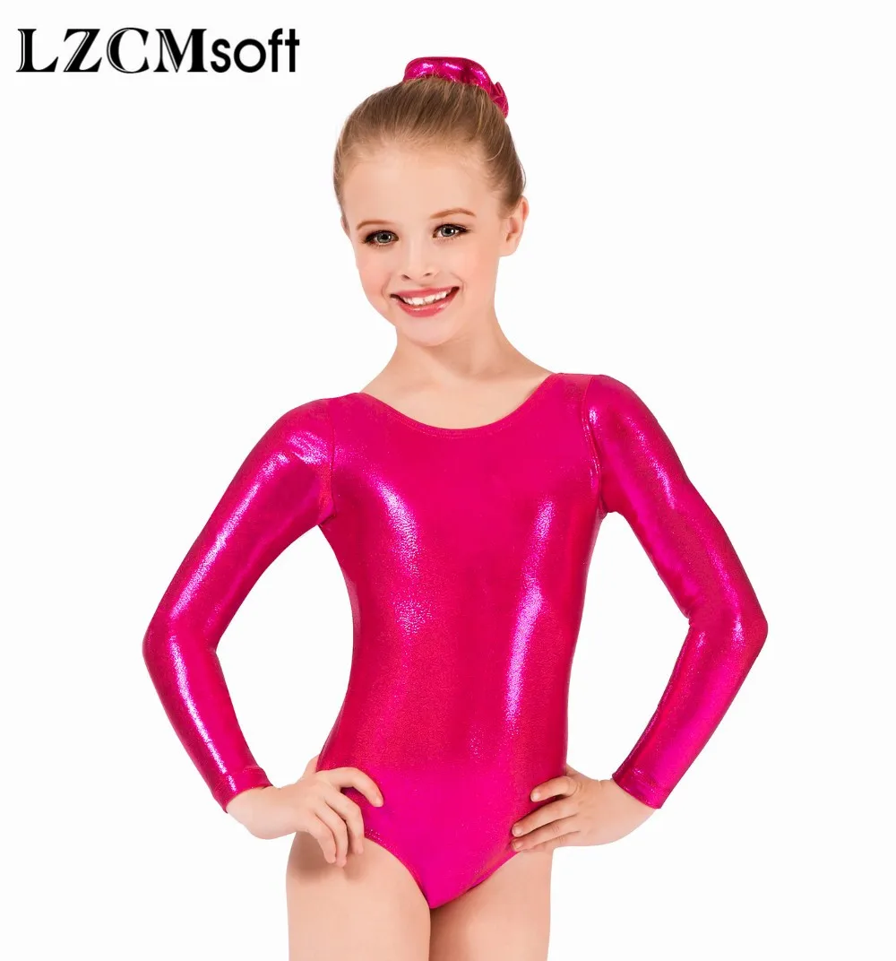 Girls Kid Long Sleeved Shiny Metallic Ballet Dance Leotard Gymnastics Dancewear 