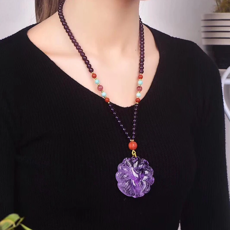 Фиолетовые Подвески с натуральным кристаллом, ручная резная подвеска с девятью хвостами лисы, цепочка на свитер, ожерелье, удача для женщин, подарок, ювелирное изделие