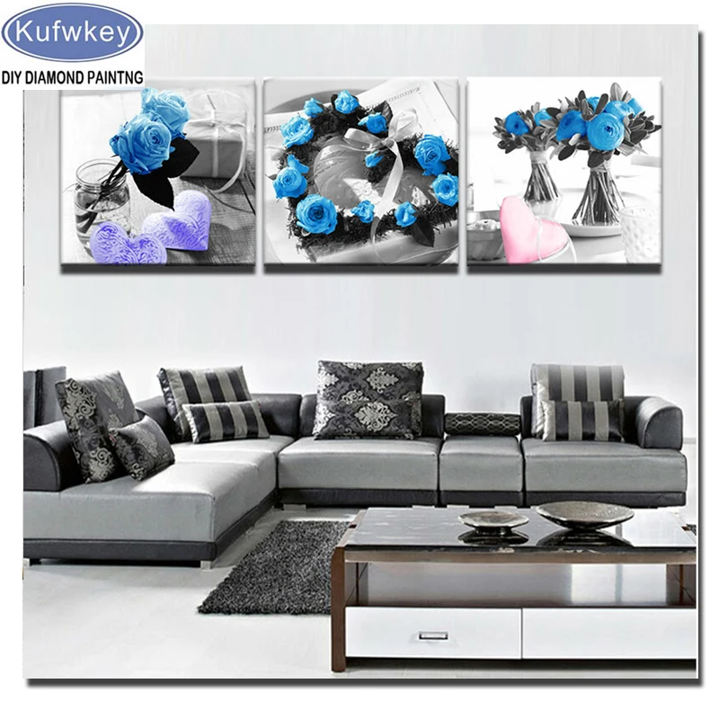

3 Panel Love Blue Rose Flowers Diamond Painting Full drill Square round Diamond Embroidery triptych 3d Cross Stitch Home Decor