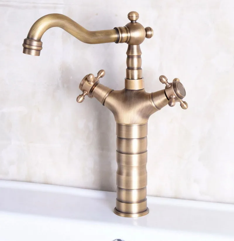Vintage Retro Antique Brass Dual Cross Handles Bathroom Kitchen Basin Sink Faucet Mixer Tap Swivel Spout Deck Mounted mnf246