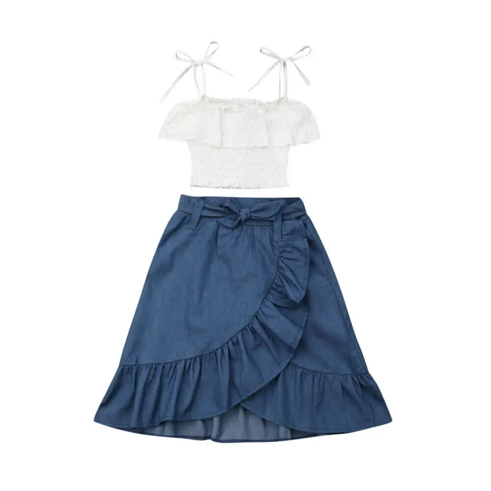 

2-7Y Infant Kids Baby Girls Princess Clothes Sets White Sling Lace Off Shoulder Top+Ruffle Denim Skirt Outfits