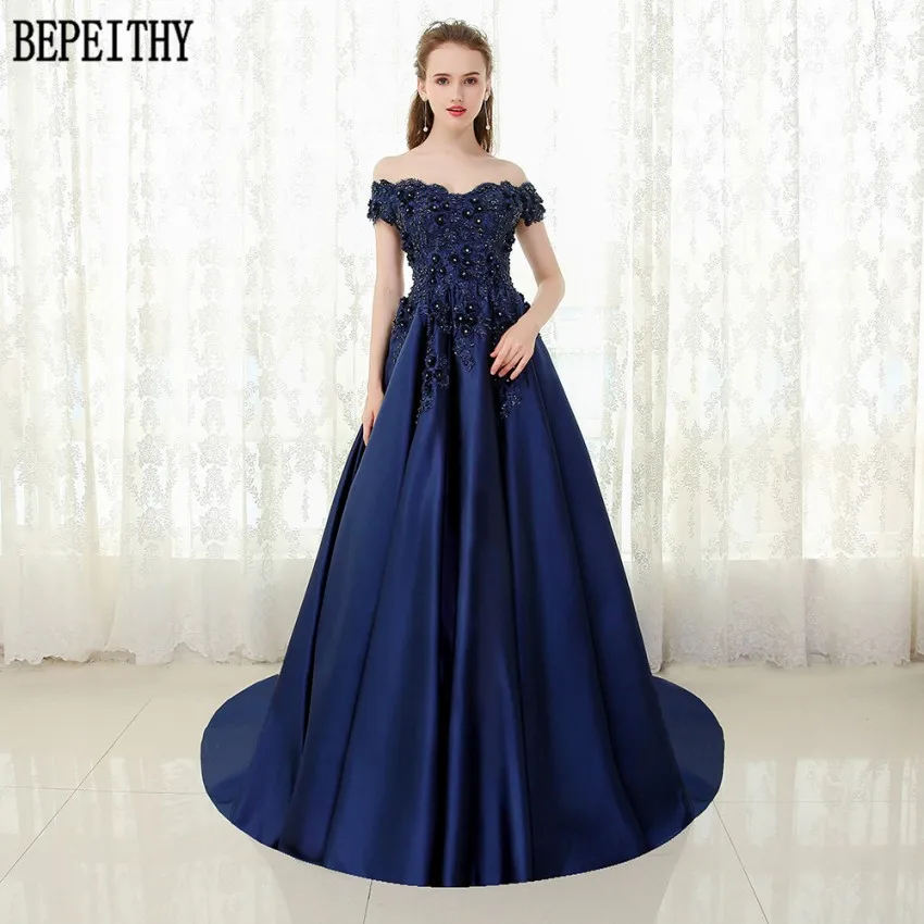 BEPEITHY, на заказ, vestido de festa, с v-образным вырезом, темно-синее, кружевное, расшитое бисером, винтажное платье для выпускного вечера, с открытыми плечами, длинное вечернее платье - Цвет: navy blue