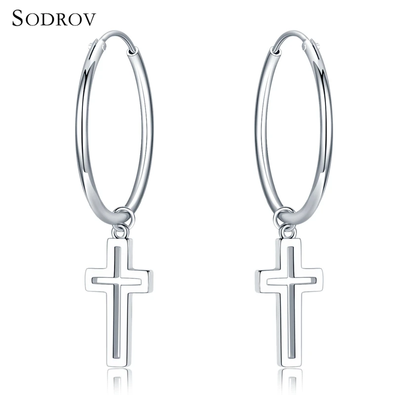 Серьги кольца с крестиком из 100% серебра Классический символ веры