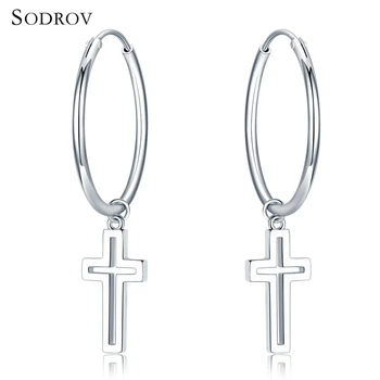 

Genuine 100% 925 Sterling Silver Classic Symbol Of Faith Cross Hoop Earrings Fine Jewelry Gift E028