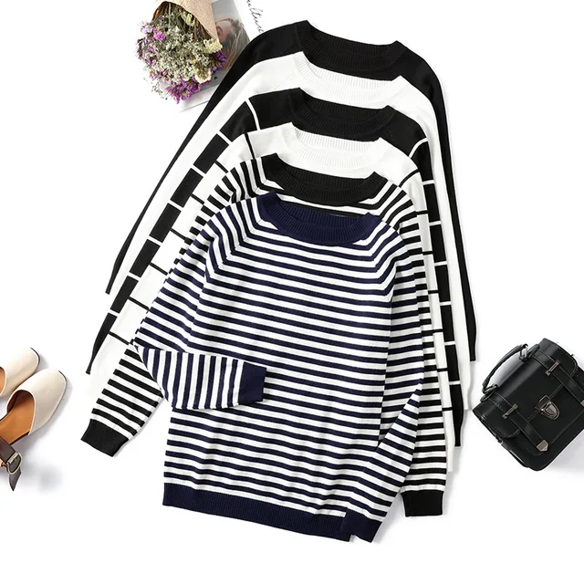 Autumn Winter Long Sleeve Striped Pullover Women Sweater Knitted Sweaters O-Neck Tops Korean Pull Femme Jumper Female White 1