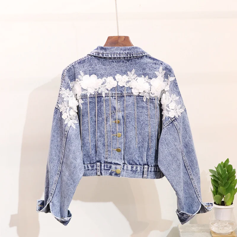 

Fashion Women Bat Sleeved Short Tassels Turn-down Collar Jackets Spring Autumn High Quality Casual Plus Size Denim Jacke