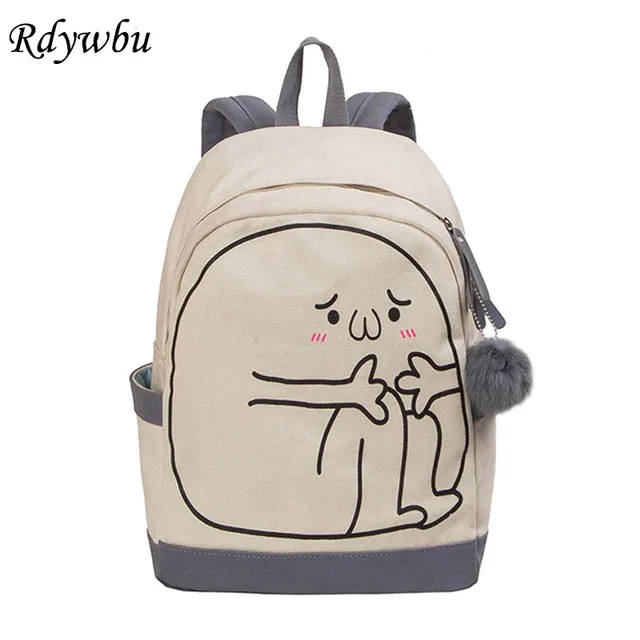 Rdywbu Cartoon Printing Canvas Backpack With Pompon Preppy Style Rdywbu Cartoon Printing Canvas Backpack With Pompon Preppy Style School Book Bag S Fun Travel