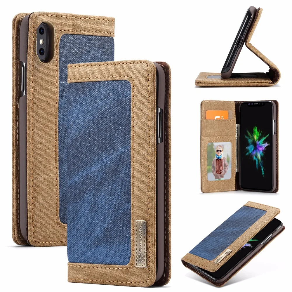 

CaseMe Retro Vintage Jeans Cover For iPhone Xs Max Canvas Leather Credit Card Wallet Flip Case for iPhoneX XR Case Cowboy Style