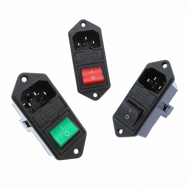 

Rocker Switch with double fuse AC socket full copper Red Light 10A 250V 4 Pins Green Black