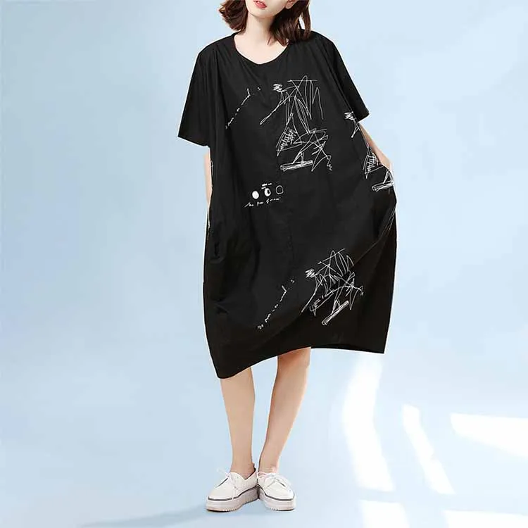 

2019 Summer Women Large Size Dress Casual Short Sleeve Printing Dress Loose Round Collar Midi Dress