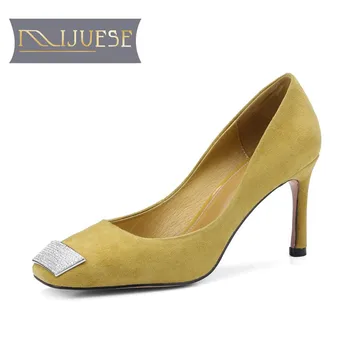 

MLJUESE 2019 women pumps autumn spring Kid Suede yellow color slip on square toe crystal high heels lady shoes party wedding
