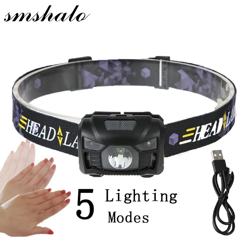 

Body Motion Sensor Headlamp Induction USB Rechargeable Headlight 2 Switch Modes Head Flashlight Torch lamp For Camping+USB cable