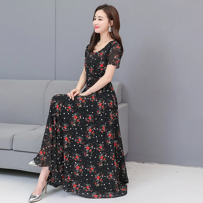 

Summer Fashion Women Short Sleeve Slim O Collar Beach Style Casual Chiffon Dress