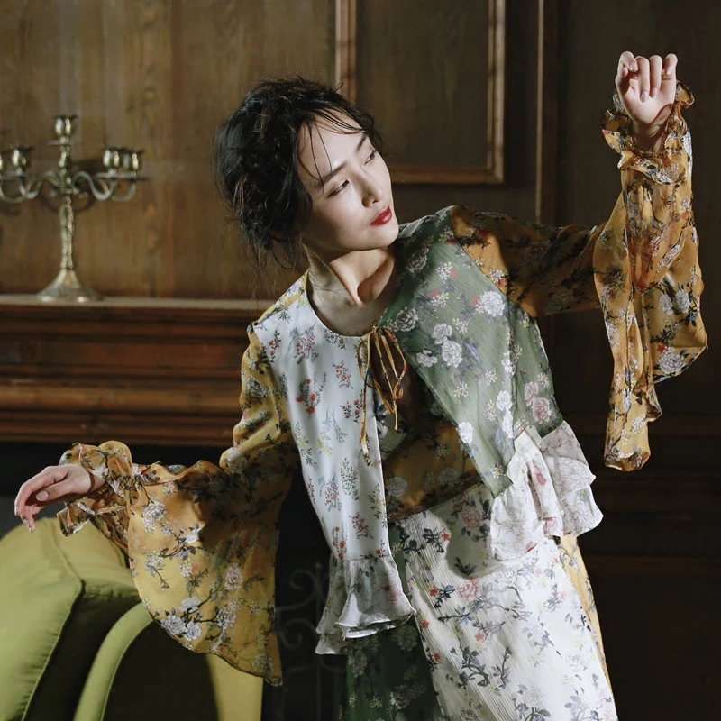 LYNETTE S CHINOISERIE Autumn font b Women b font Floral Print Patchwork All match Ruffle Chiffon