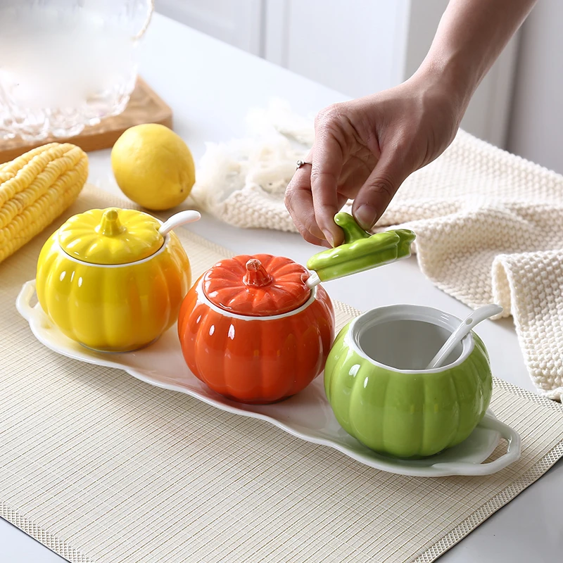 

Pumpkin Design Ceramic Sugar Bowl Home Kitchen Bamboo Mat Salt Condiment Pot Jars With Spoons Plate