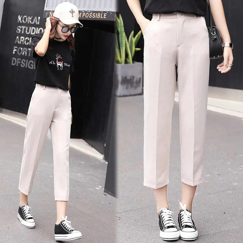

2019 Summer Wide Leg Pants Woman Nine Part Pants High Waist Directly Canister Suit Seven Part Pants Leisure Time Pants