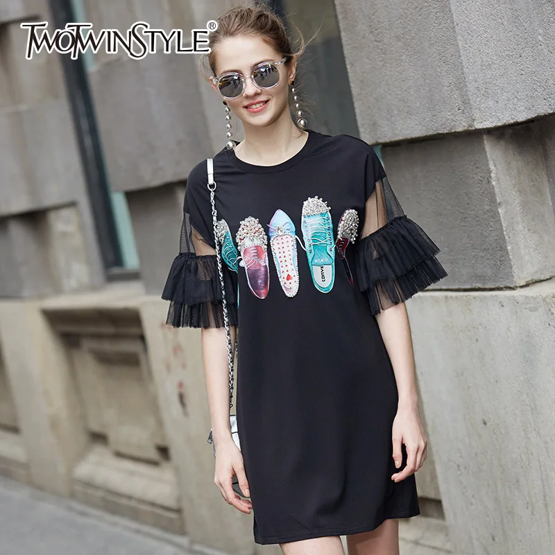 

TWOTWINSTYLE Patchwork Mesh Flare Sleeve T-shirt Dress Female Printed Beading Mini Dresses Women Casual Clothes 2019 Summer New