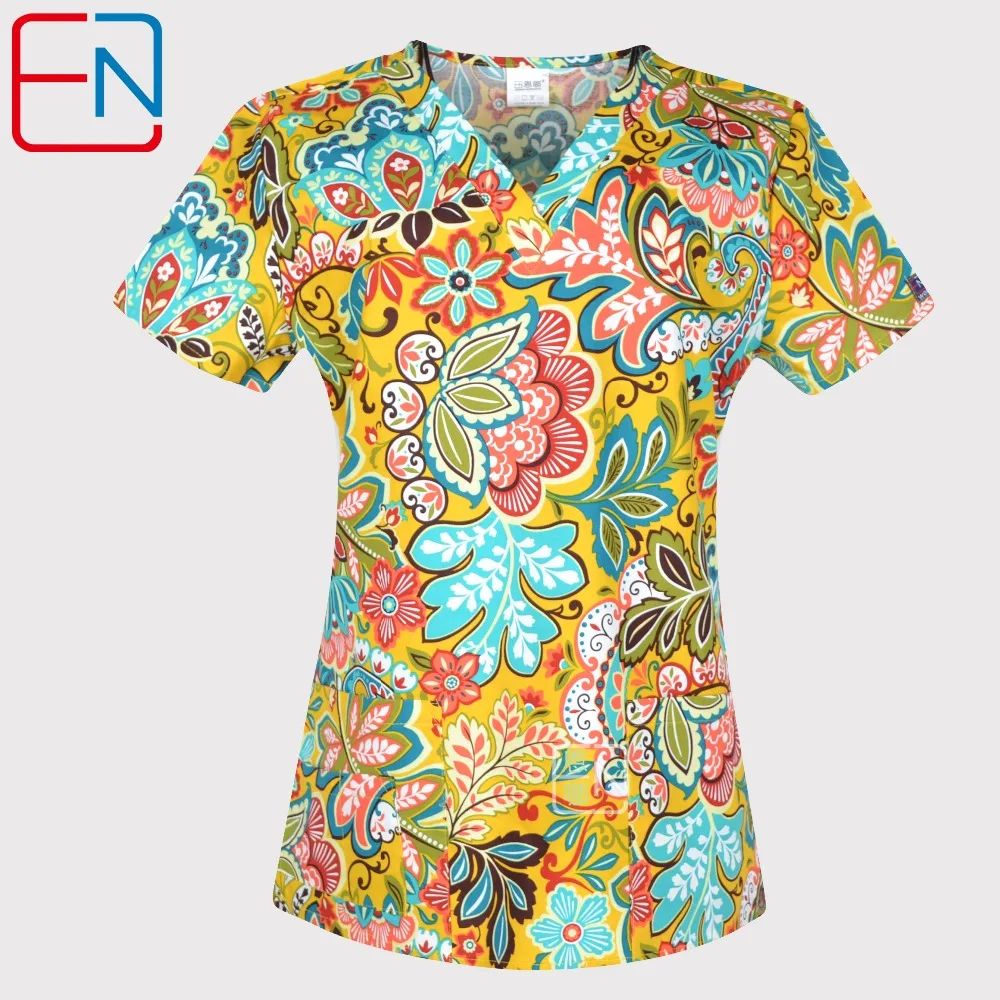 

Brand medical scrub tops for women surgical scrubs,scrub uniform in 100% print cotton maotou series