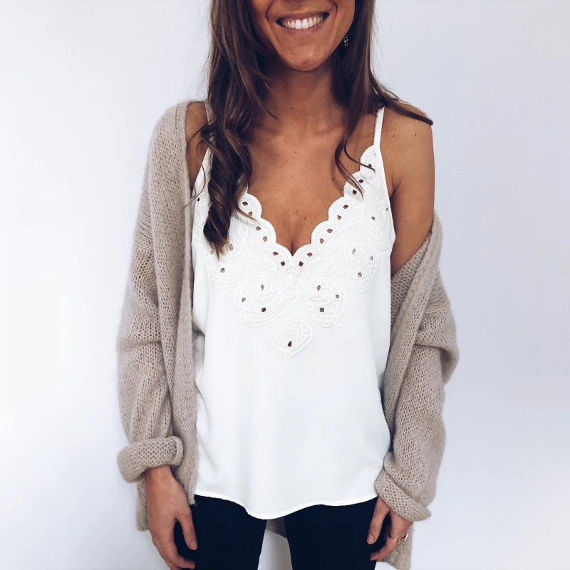 Женская кружевная Повседневная рубашка без рукавов топы с v-образным вырезом