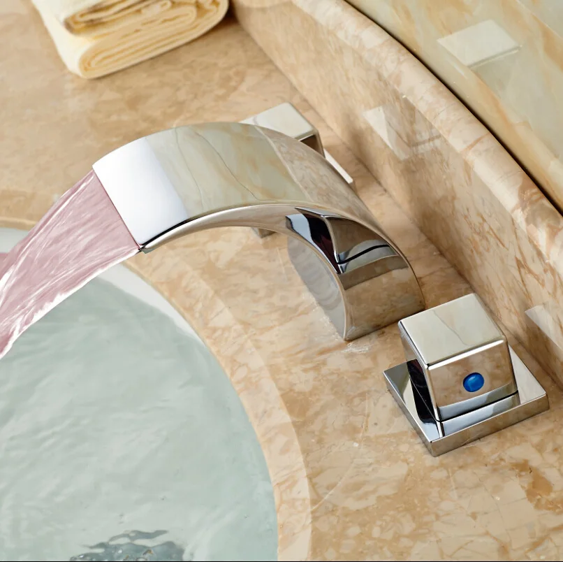 

NEW LED Color Changing Deck Mounted Waterfall Bathroom Basin Faucet Dual Handles
