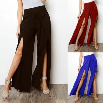 

2019 New Boho Summer Women's Stretch Bell Trousers Ladies Loose Solid Flared Pants High Waist Split Fashion Women Long Pants