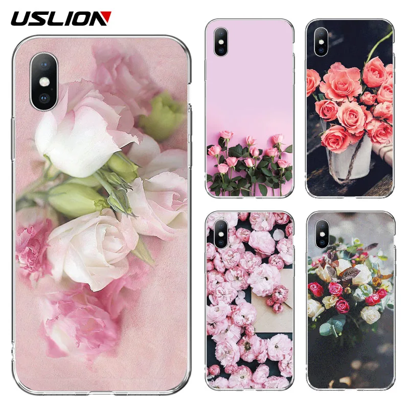 

USLION Transparent Rose Flower Phone Case For iPhone X XS XR Xs Max Soft TPU Pink Floral Cover For iPhone 5 5s SE 6 6s 7 8 Plus