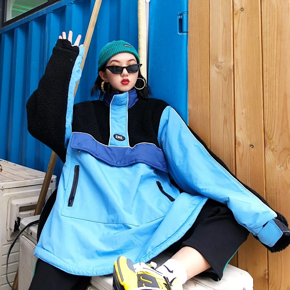 

Street hip-hop salad zipper half-high collar long sleeve BF split plush and thick Pullover couple jacket coat