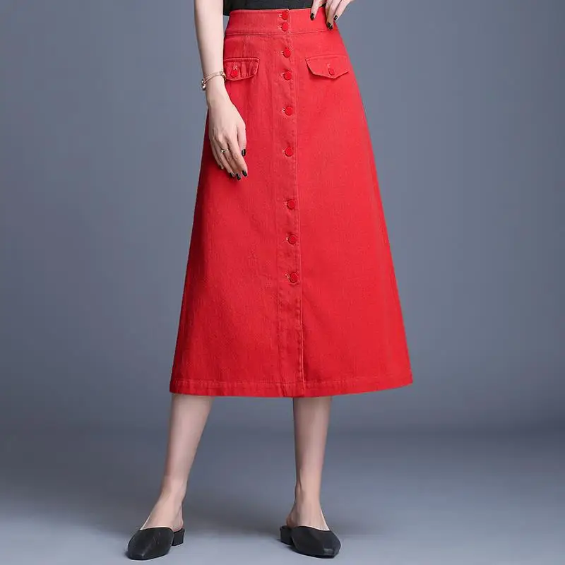 Мода, Весенняя Корейская Милая юбка, длинная джинсовая юбка, тонкая, OL, длинная, облегающая, высокое качество, элегантная юбка-трапеция, красная, Черная