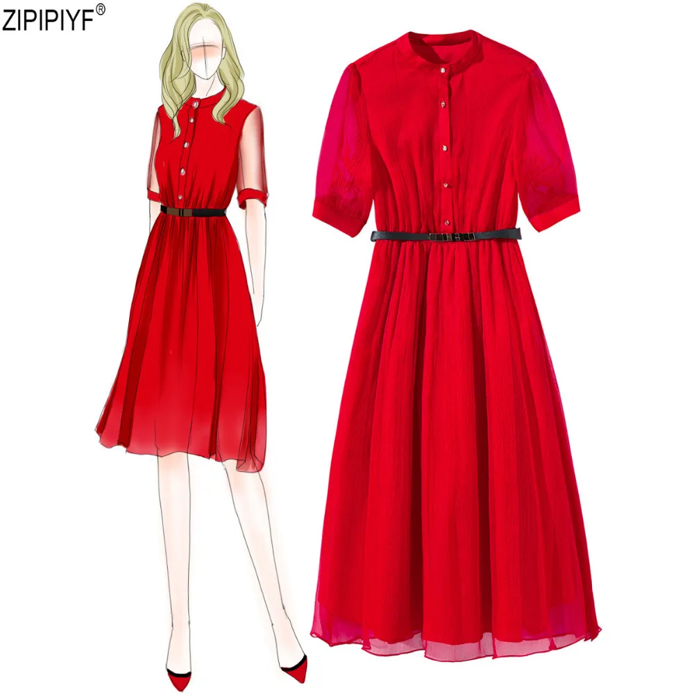 2018 Summer Fashion Solid Simple Style A-Line Dress Woman O-neck Short Sleeve Elegant Empire Knee-length Party  Dresses C1455