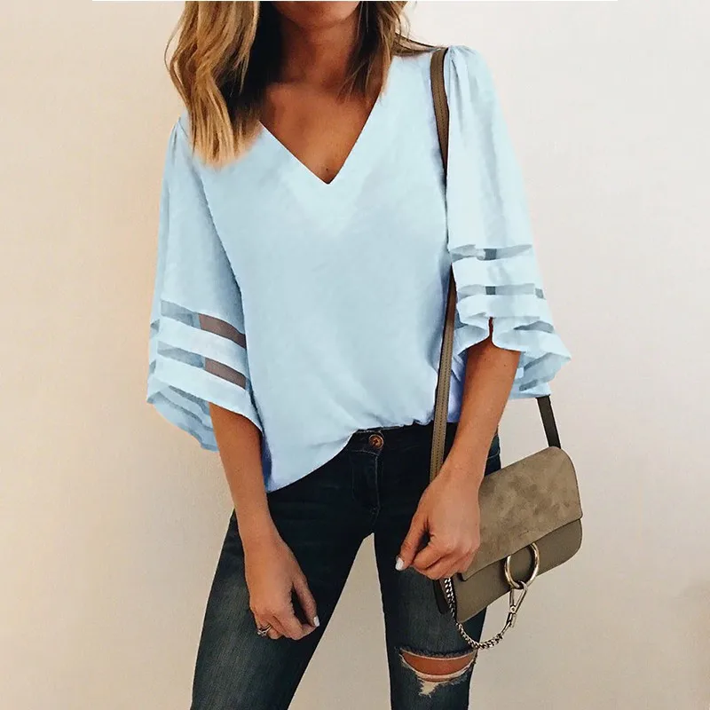 GUMPRUN 2018 Female Sexy V Neck Loose Chiffon Blouse Skirt...