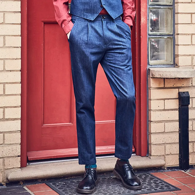 Brand Men Clothing 2017 Retro high quality mens casual suit pants trousers blue fashion 86