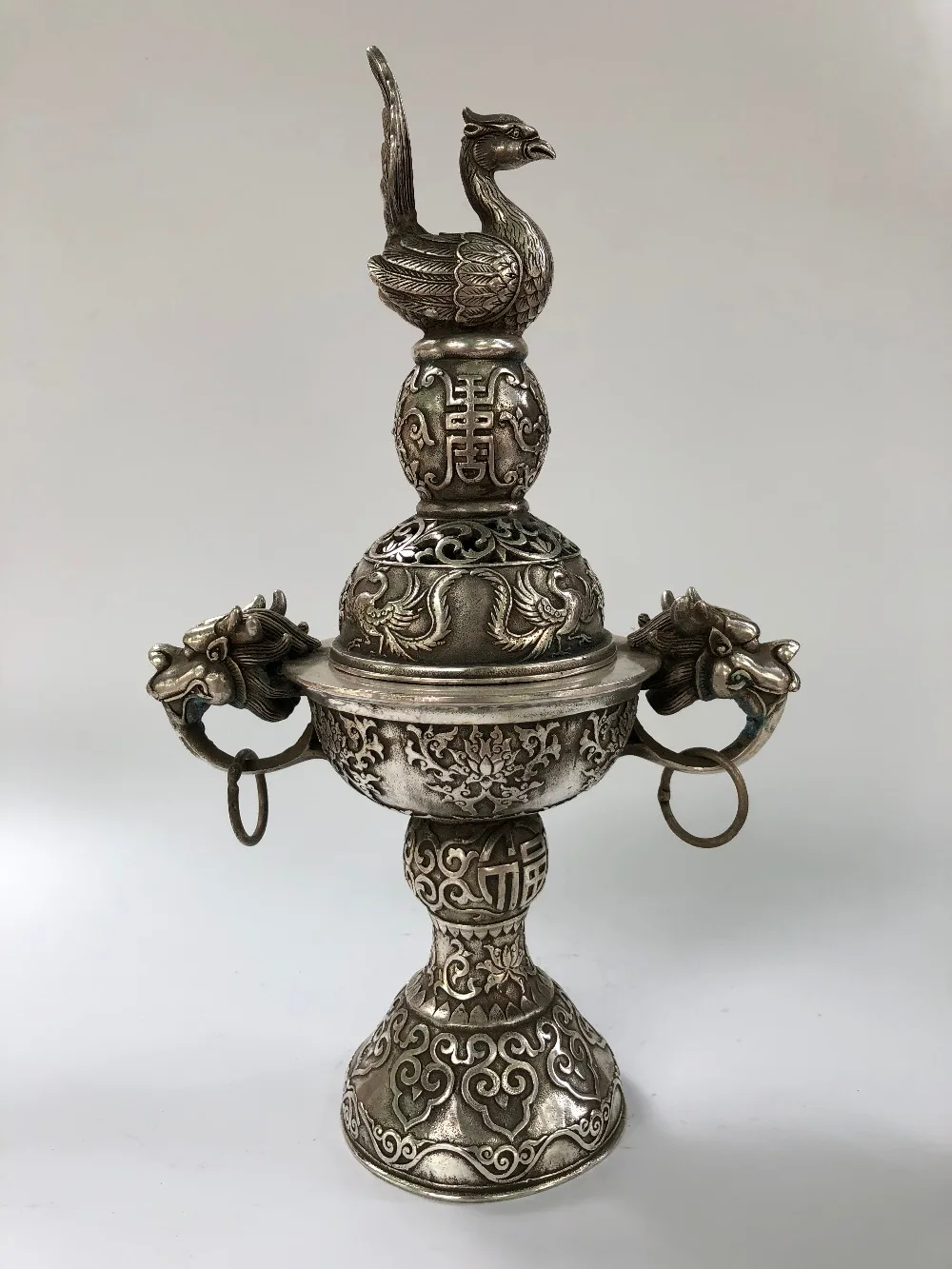 

Home decoration copper flow silver censer double head cover incense burner Buddhist home decoration