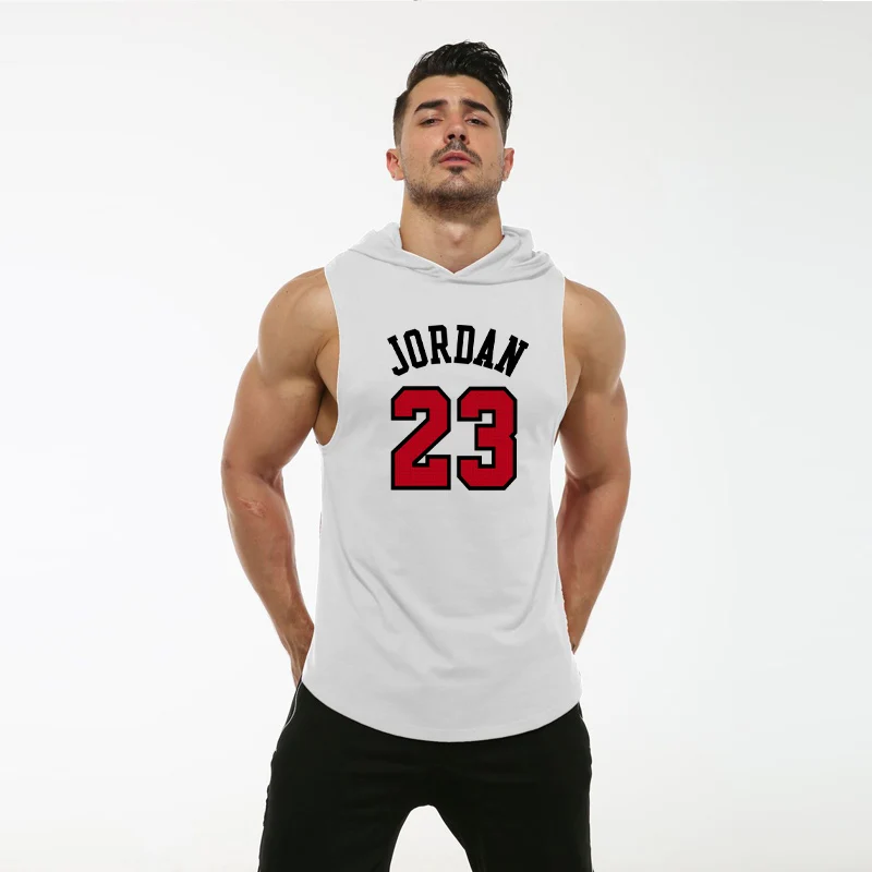 

Printed Jordan 23 Hooded Sleeveless Shirt Cotton Gym Undershirt Mens Tank Top Bodybuilding Clothing Fitness Male Muscle shirt