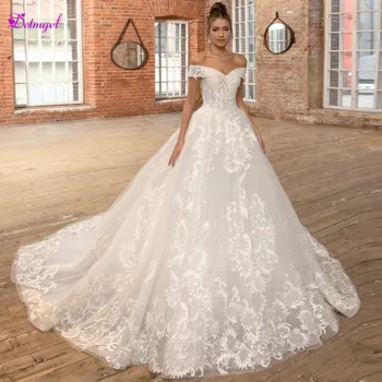 

Detmgel New Arrival Sexy Boat Neck Lace Up A-Line Wedding Dresses 2020 Luxury Beaded Appliques Princess Bridal Gowns Plus Size