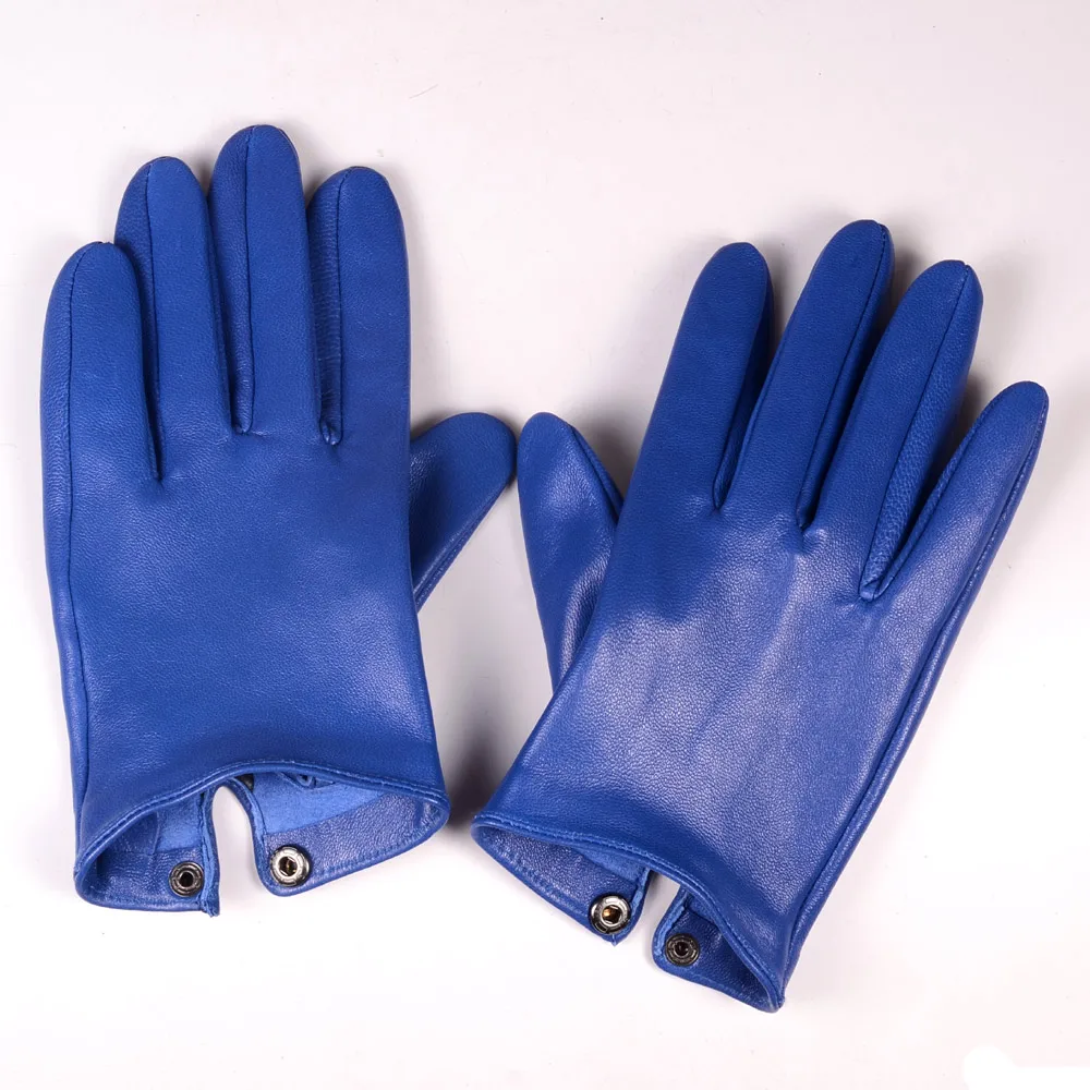 US $23.80 Mens 100 Real Leather Sheep Skin Shrink Wrist Blue Unlined Police Tactical Short Gloves Wrist Button Gloves Gloves