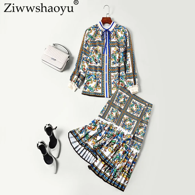 Best Offers Ziwwshaoyu 2018 autumn runway new two-piece Indie Folk Turtleneck lantern Sleeve Print coat irregular Half skirt two-piece suit Best Offers Ziwwshaoyu 2018 autumn runway new two-piece Indie Folk Turtleneck lantern Sleeve Print coat irregular Half skirt two-piece suit