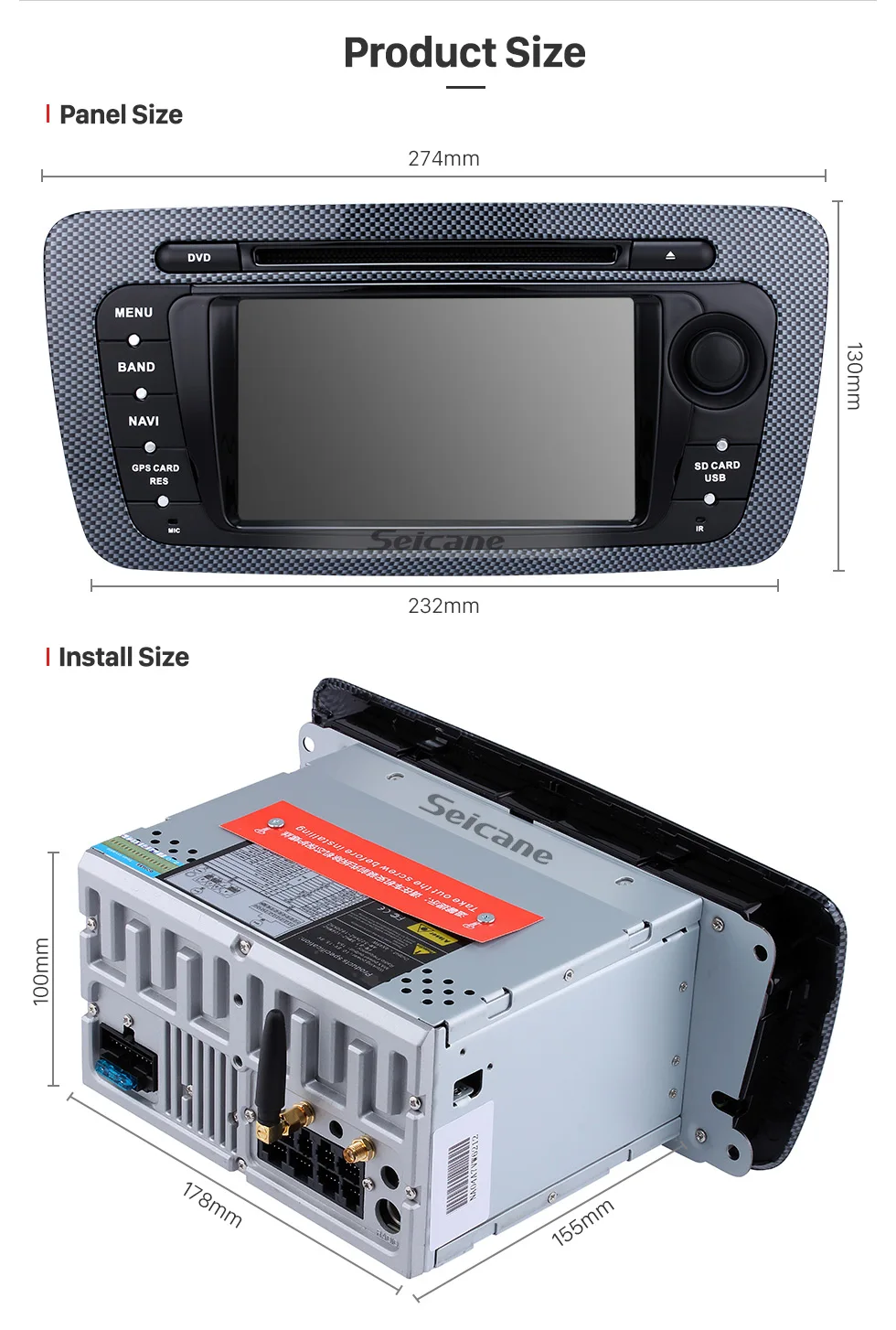 Seicane 2 Din Radio Android 8.0 DVD Player Bluetooth GPS Navigation system for 2009 2010 2011 2012 2013 SEAT IBIZA USB SD IPOD Mirror Link WIFI Stereo Support Steering Wheel Control Rearview Camera DVR