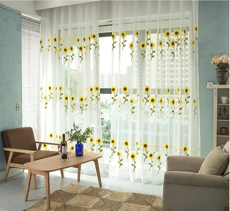 Window screening balcony finished product design sunflower tulle curtain living room sunflower kitchen curtains(China
