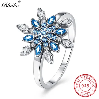

Blaike New Style Solid S925 Sterling Silver Dazzling Snowflake Rings For Women Aquamarine Birthstone AAA White Zircon Ring Gifts