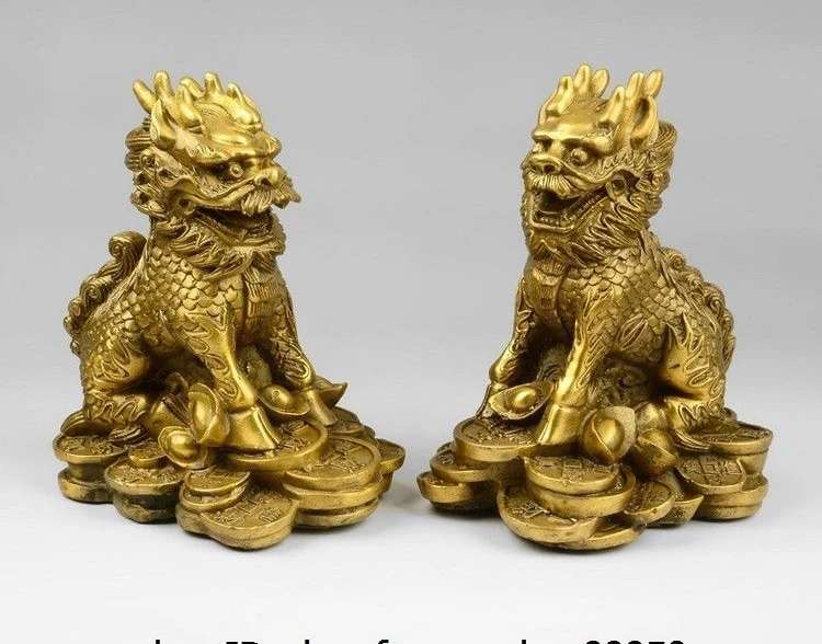 Чистая медь Китай Fengshui Yuanbao богатство Кирин Единорог kylin Chi Lin Статуя Пара|Статуи и