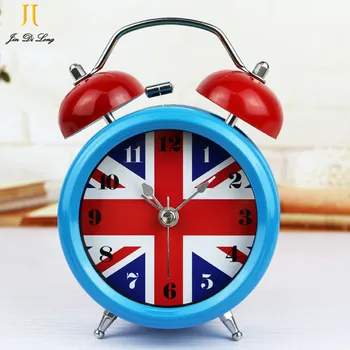 

Low Price On Sale European Style British Flag Metal Alarm Clock Nightlights Bedside Alarm Clock Mute Sweep stopwatch Table Clock