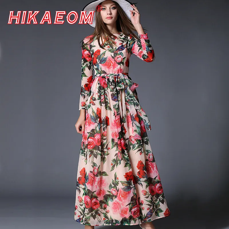 

summer 2016 especially women long sleeve Dresses flower Print Chiffon slim long sleeve Maxi Dress american apparel dress income
